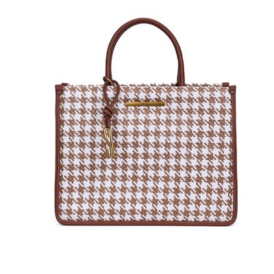 Bolsa Tote Tramada Marrom E Branco Estruturada Alça De Mão