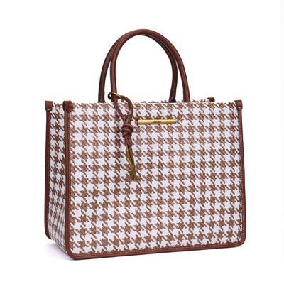 Bolsa Tote Tramada Marrom E Branco Estruturada Alça De Mão