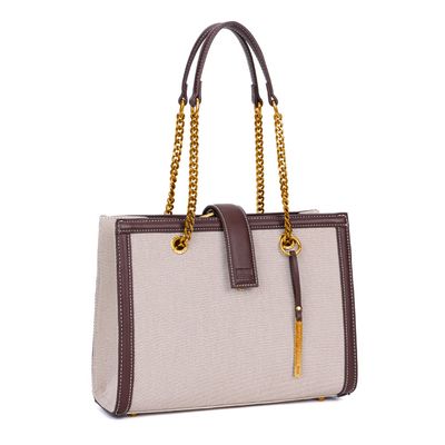 Bolsa Tote Tramada Estruturada Bege Alça Corrente
