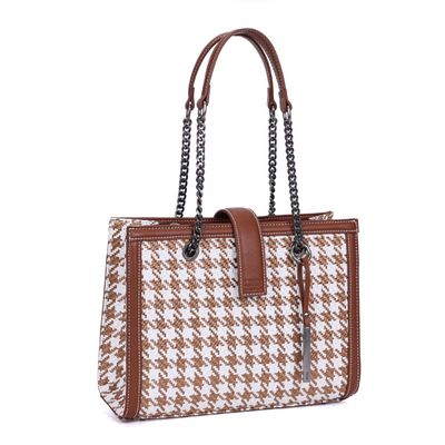 Bolsa Tote Tramada Marrom E Branca Alça Corrente