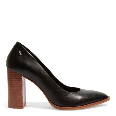 Scarpin Boneca Couro Preto Salto Alto Bloco