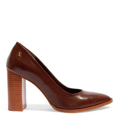 Scarpin Boneca Couro Marrom Salto Alto Bloco