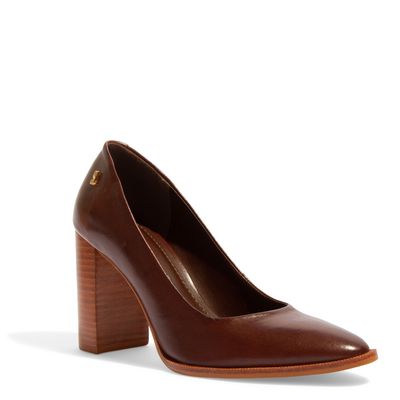 Scarpin Boneca Couro Marrom Salto Alto Bloco