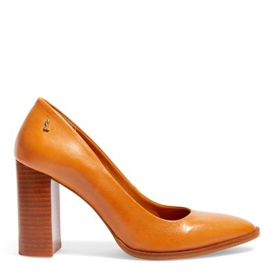 Scarpin Boneca Couro Caramelo Salto Alto Bloco