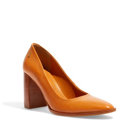 Scarpin Boneca Couro Caramelo Salto Alto Bloco