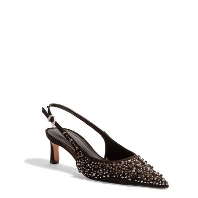 Scarpin Slingback Preto Tachas Salto Fino Baixo