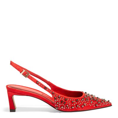 Scarpin Slingback Vermelho Tachas Salto Fino Baixo
