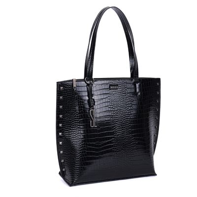 Bolsa Shopper Croco Preta Tachas Alça De Ombro