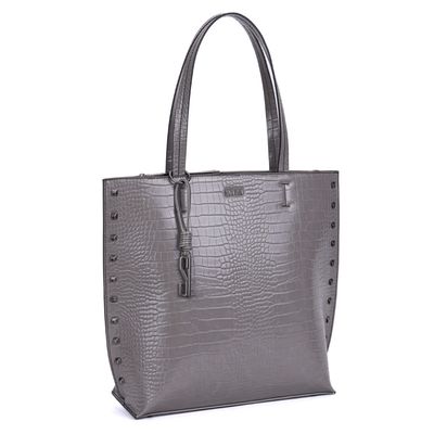 Bolsa Shopper Croco Cinza Tachas Alça De Ombro