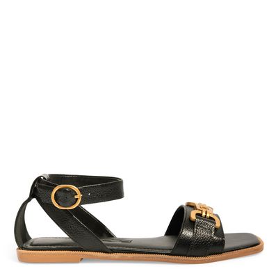 Sandália Rasteira Couro Floater Preto Bico Quadrado