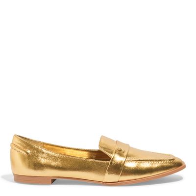 Sapato Mocassim Couro Cristal Dourado Metalizado
