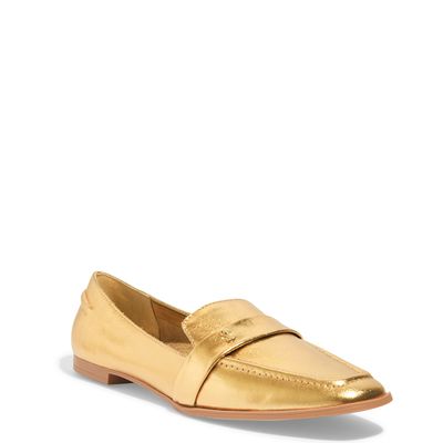 Sapato Mocassim Couro Cristal Dourado Metalizado