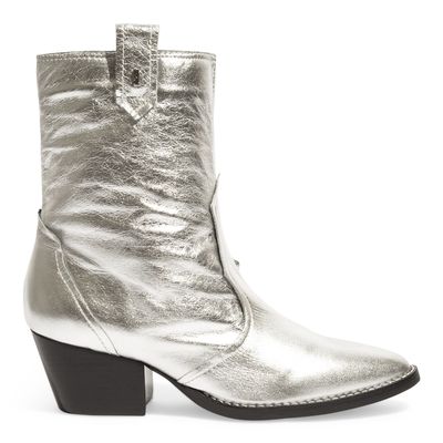 Bota Western Couro Cristal Prata Salto Bloco Baixo
