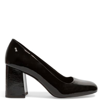 Scarpin Boneca Preto Couro Verniz Bico Redondo