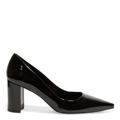 Scarpin Preto Couro Verniz Bico Fino Salto Médio