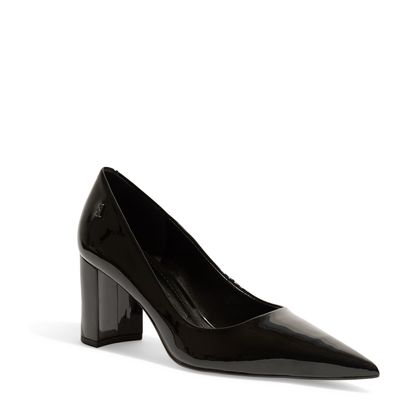 Scarpin Preto Couro Verniz Bico Fino Salto Médio