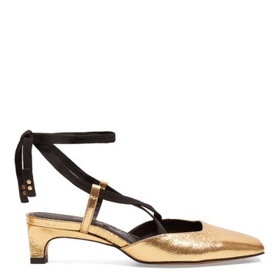 Scarpin Boneca Couro Craquele Dourado Amarração