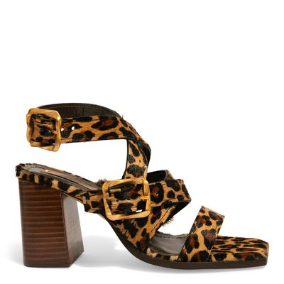 Sandália Couro Animal Print Onça Salto Bloco