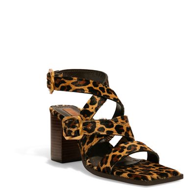 Sandália Couro Animal Print Onça Salto Bloco
