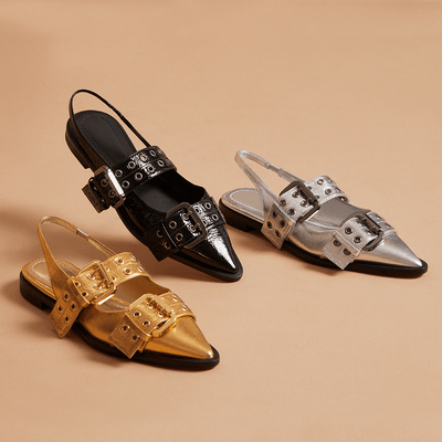 Sapatilha Slingback Fivelas Couro Metalizado Dourado