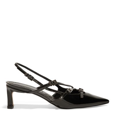 Scarpin Slingback Verniz Anzeli Preta Bico Fino Salto Baixo