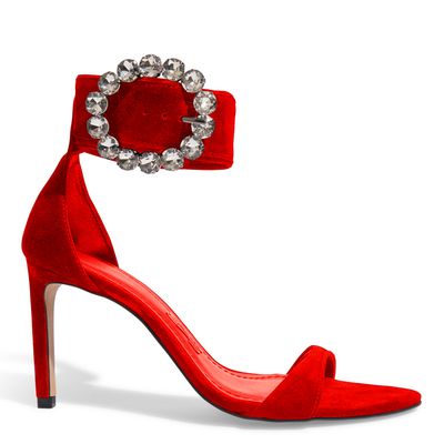 Sandália Couro Camurça Vermelho Salto Médio