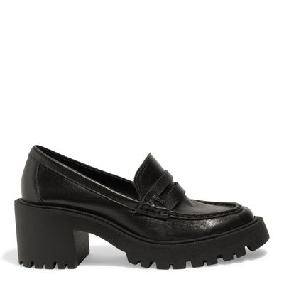 Mocassim Couro Salto Bloco Tratorado Preto