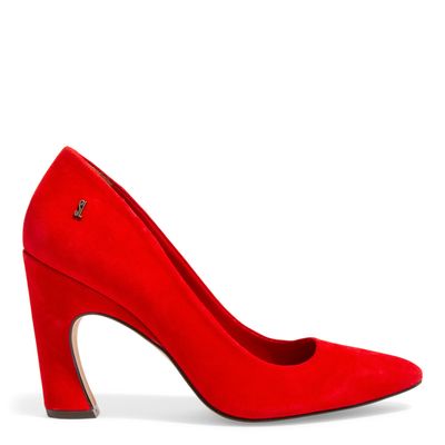 Scarpin Boneca Vermelho Camurça Salto Geométrico