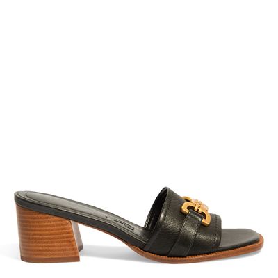Mule Tamanco Couro Floater Preto Salto Baixo Bloco