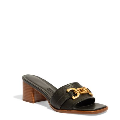 Mule Tamanco Couro Floater Preto Salto Baixo Bloco