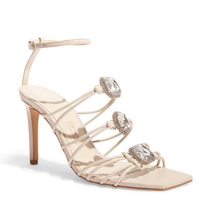 Sandália Couro Off White Pedraria Salto Alto Fino