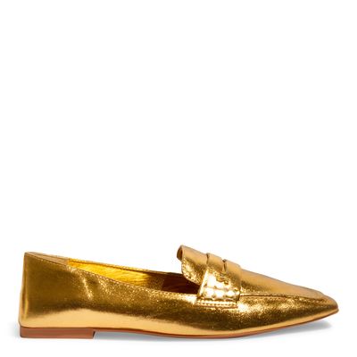 Mocassim Couro Cristal Dourado Metalizado