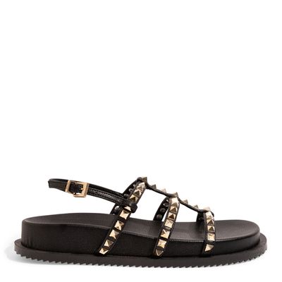 Sandália Papete Preta Tiras Spike