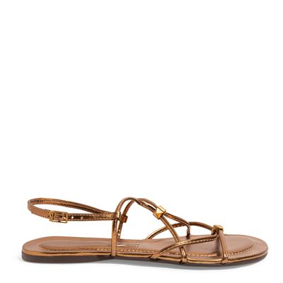 Rasteira Flat Bronze Bico Redondo Tiras Finas Entrelassadas