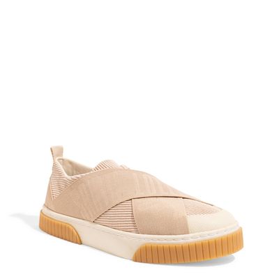 Tênis Slip On Veludo Cotelê Tiras Cruzadas Bege