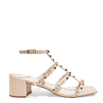 Sandalia Off White Tiras Spikes Salto Bloco Baixo