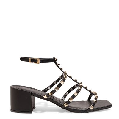 Sandalia Preta Tiras Spikes Salto Bloco Baixo
