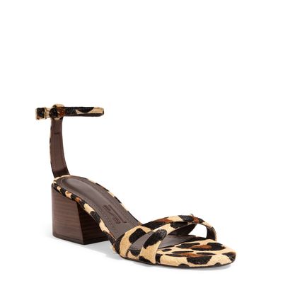 Sandália Couro Animal Print Onça Salto Bloco Baixo