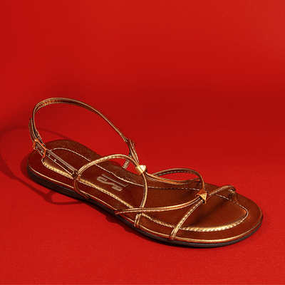 Rasteira Flat Bronze Bico Redondo Tiras Finas Entrelassadas