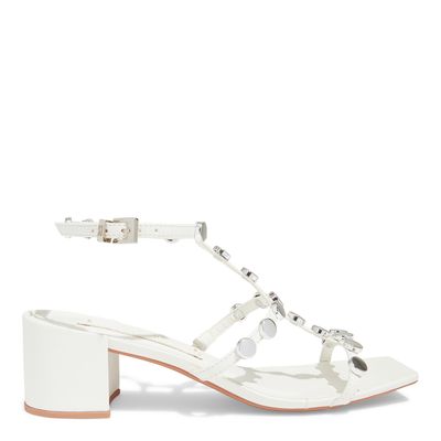 Sandália napa soft branco bico quadrado salto bloco baixo
