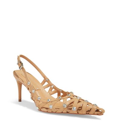 Scarpin Slingback Napa Soft Bege Bico Fino Strass Cristal