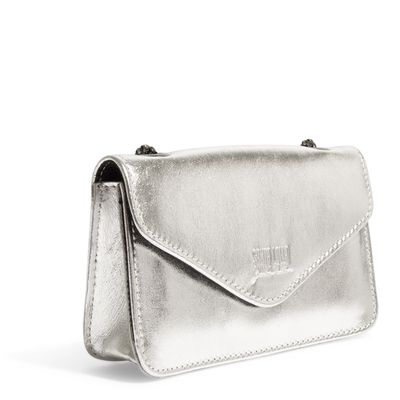 Bolsa Prata Metalizado Couro Cristal Alça Corrente Transversal
