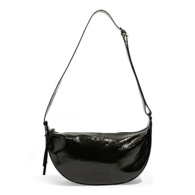 Bolsa Pequena Meia Lua Couro Verniz Preto Alça de Ombro