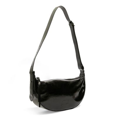 Bolsa Pequena Meia Lua Couro Verniz Preto Alça de Ombro
