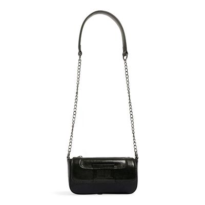 Bolsa Transversal Couro Cristal Preta Alça de Ombro