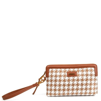 Clutch Palha Marrom E Branco Alça De Mão Removível