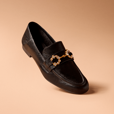 Mocassim Couro Cristal Preto Bico Redondo