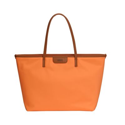 Bolsa Shopper Universitária Grande de Nylon Laranja Neon com Alça Marrom