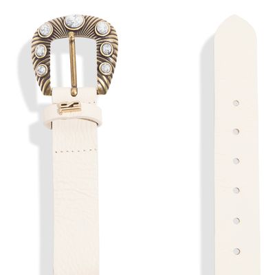 Cinto Couro Soleta Off White Fivela Pedraria