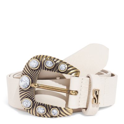 Cinto Couro Soleta Off White Fivela Pedraria